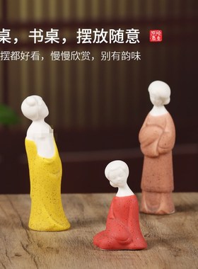盆景微景观小摆件假山造景桌面迷你装饰鹿马中式茶道侍女笔架搁置
