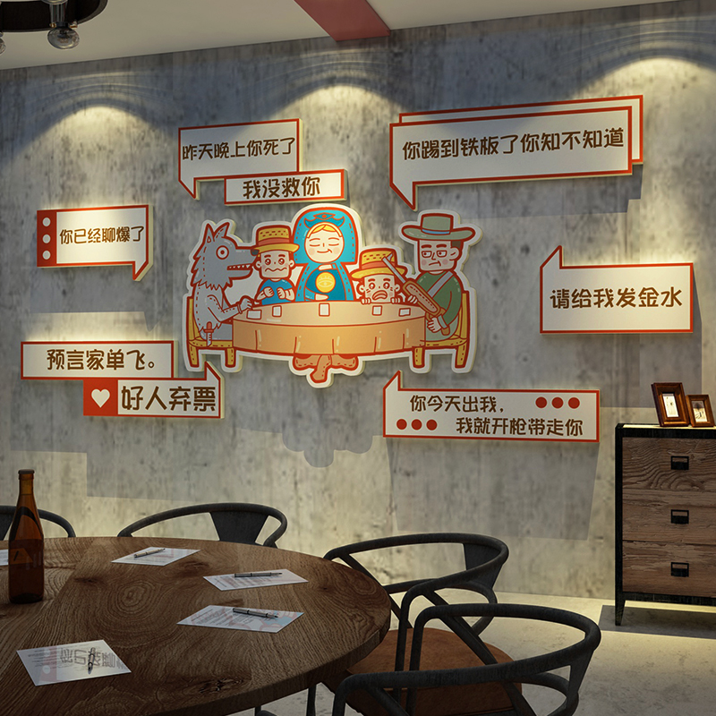 网红剧本杀店装饰品真人密室逃脱狼人杀桌棋牌室布置打卡背景贴纸