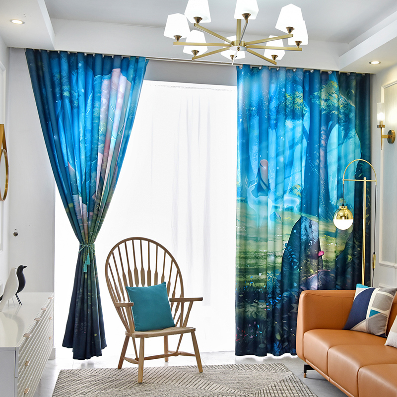 618卡通儿童房窗帘男孩卧室女孩书房小孩子房间森林图案加厚遮光
