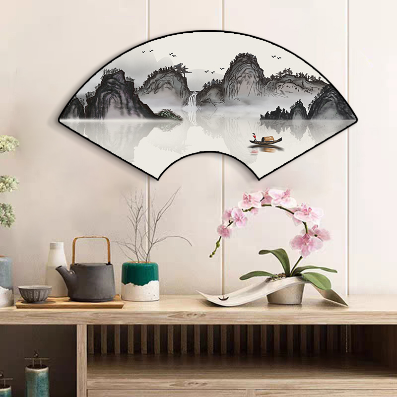 扇形装饰画中式客厅背景墙壁画禅意扇面山水画迎客松字画玄关挂画