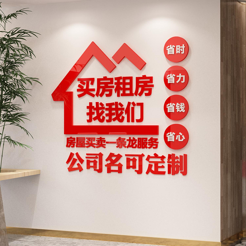 房地产中介前台励志标语墙贴纸广告玻璃门店布置文化公司背景3d
