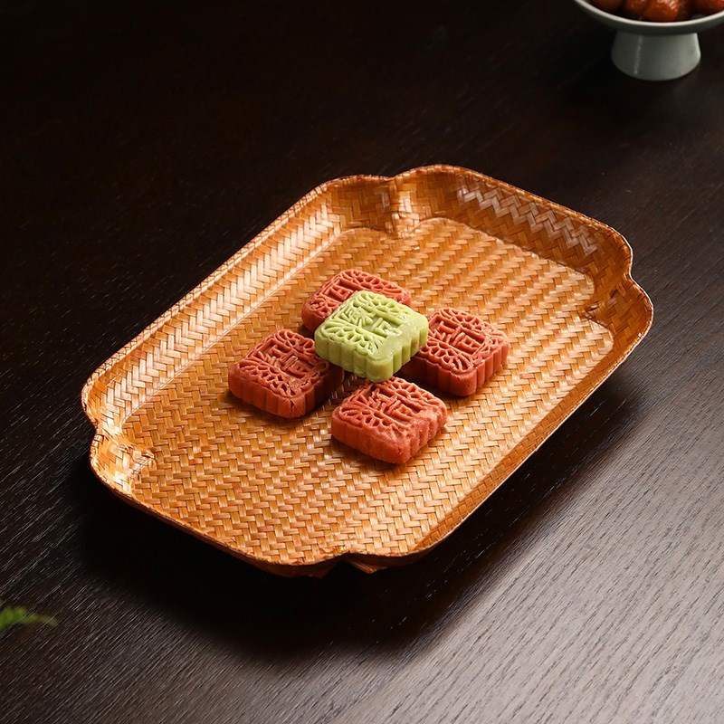大漆竹编果盘中式水果盘家用收纳果碟复古茶点盘手工编织点心托盘