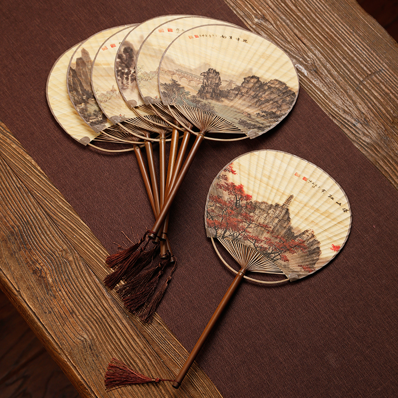 古风竹团扇手工文艺蒲扇夏季圆扇子日式空白纸扇古典长柄流苏汉服