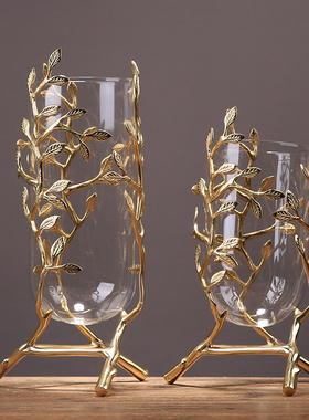 新中式轻奢纯铜玻璃花瓶摆件客厅插花花器电视柜玄关展示架小摆件