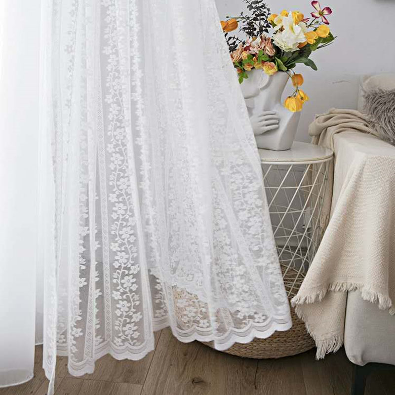 新品 北欧风格简约白色窗纱田园小花蕾丝窗帘