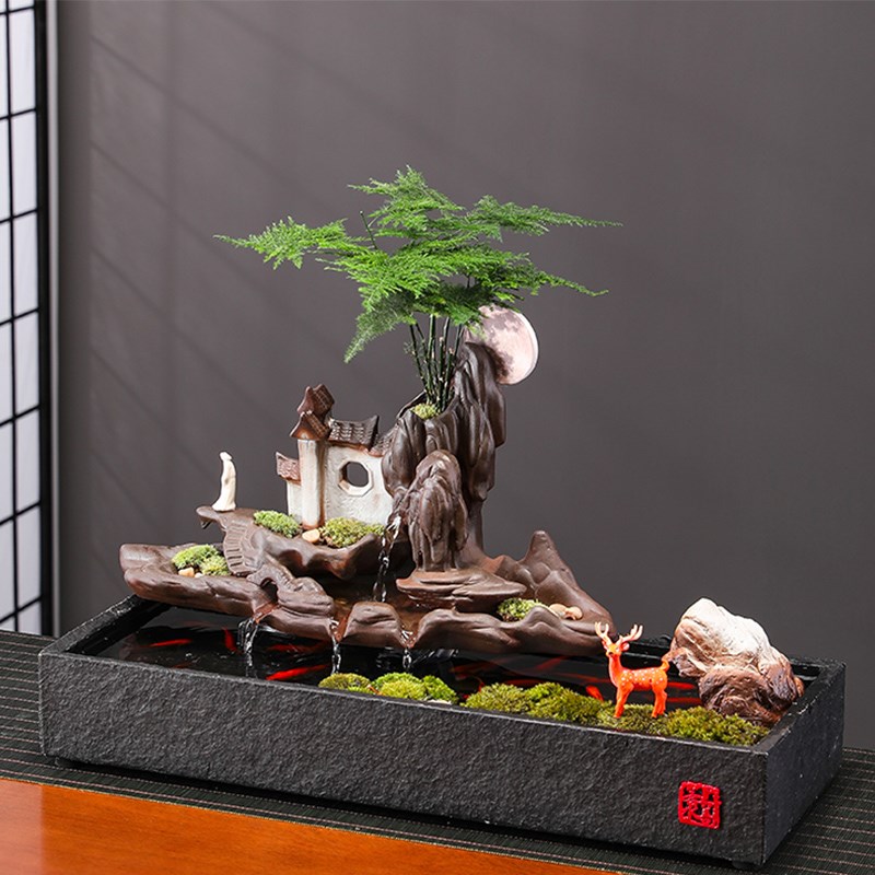 陶瓷假山流水生财摆件桌面鱼缸循环水客厅玄关办公室装饰摆设礼品