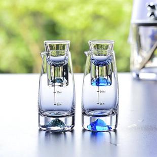 刻度分酒器酒壶具家用绿松石烈酒一口杯 冰蓝山水晶玻璃白酒杯套装