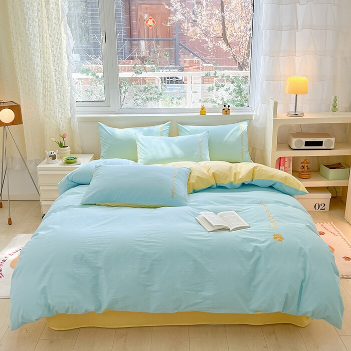 纯棉全棉斜纹四件套刺绣绣花款春小清新简约纯色床品被套四季通用