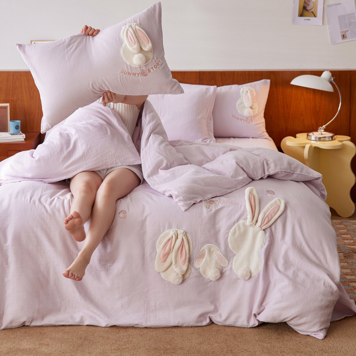 A类全棉水洗双层纱四件套草莓兔可爱兔子刺绣床品套件简约卡通