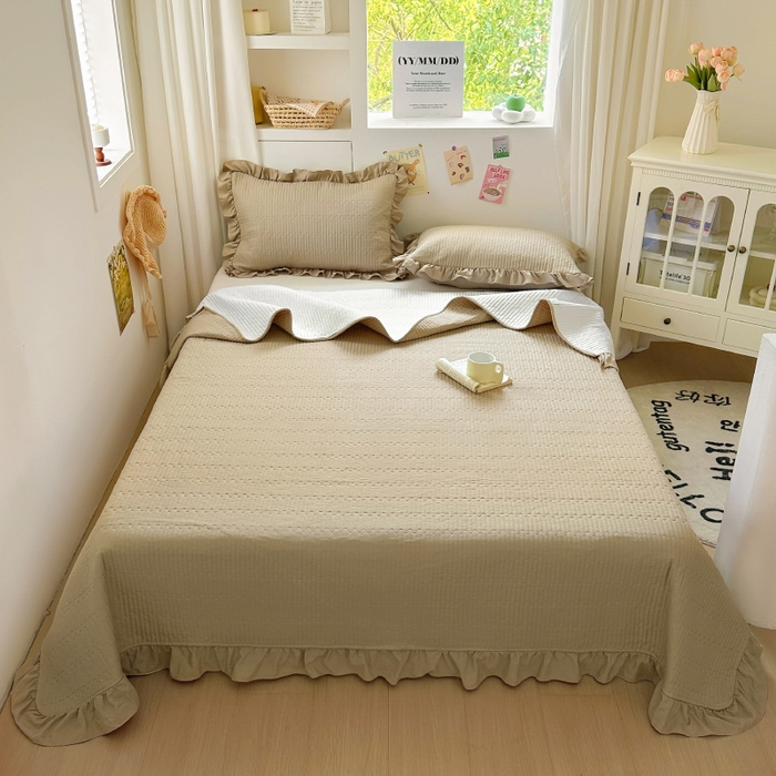 花边夹棉床盖床笠三件套纯色加厚