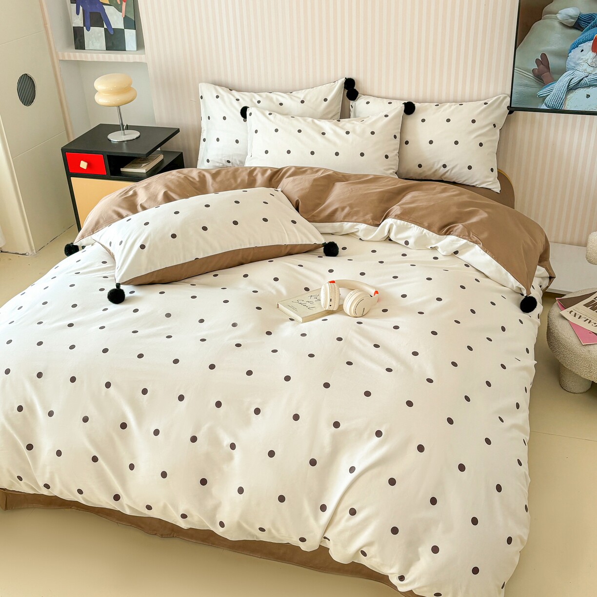 50S长绒棉波点球球四件套纯棉简约波点全棉床单被套小清新套件