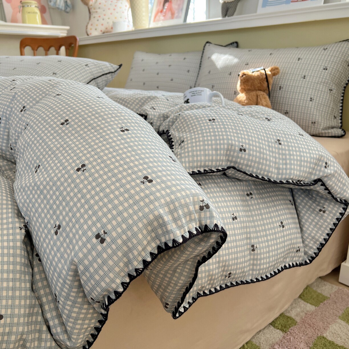 全棉有氧双层纱格子樱桃四件套