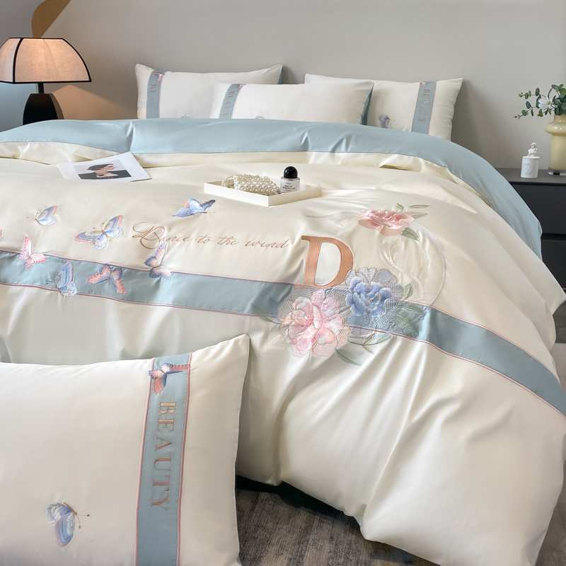 全棉长绒棉绣花圆角床单床裙刺绣四件套高端礼盒公主风被套轻奢