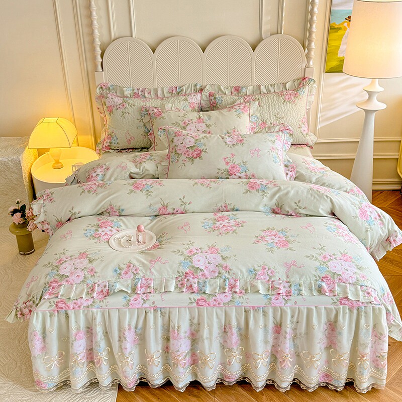 亲肤舒适全棉公主风夹棉床裙四件套纯棉韩式花卉公主风蕾丝花边法