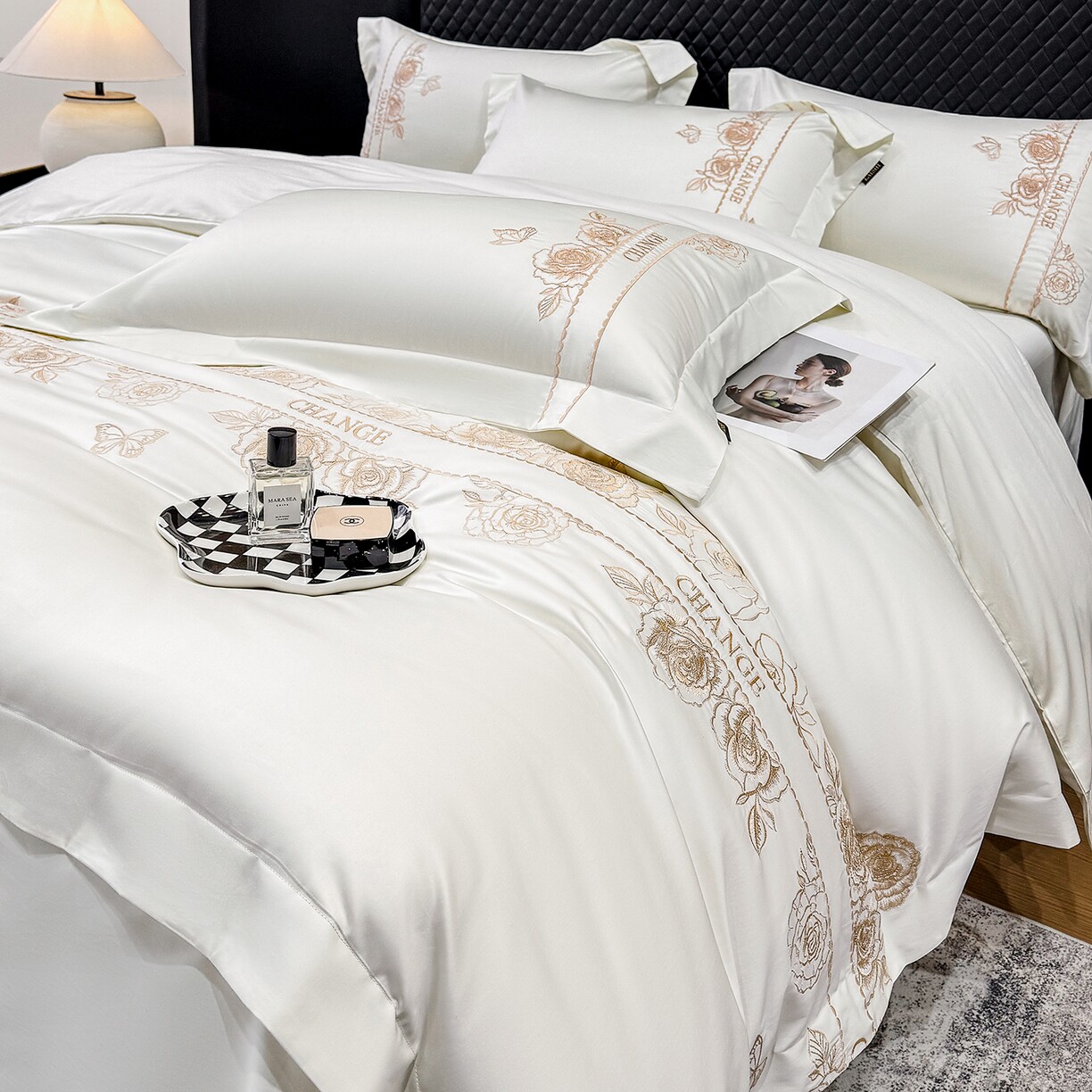 100支纯棉全棉贡缎长绒棉刺绣绣花四件套玫瑰花奢华床品套件浪漫