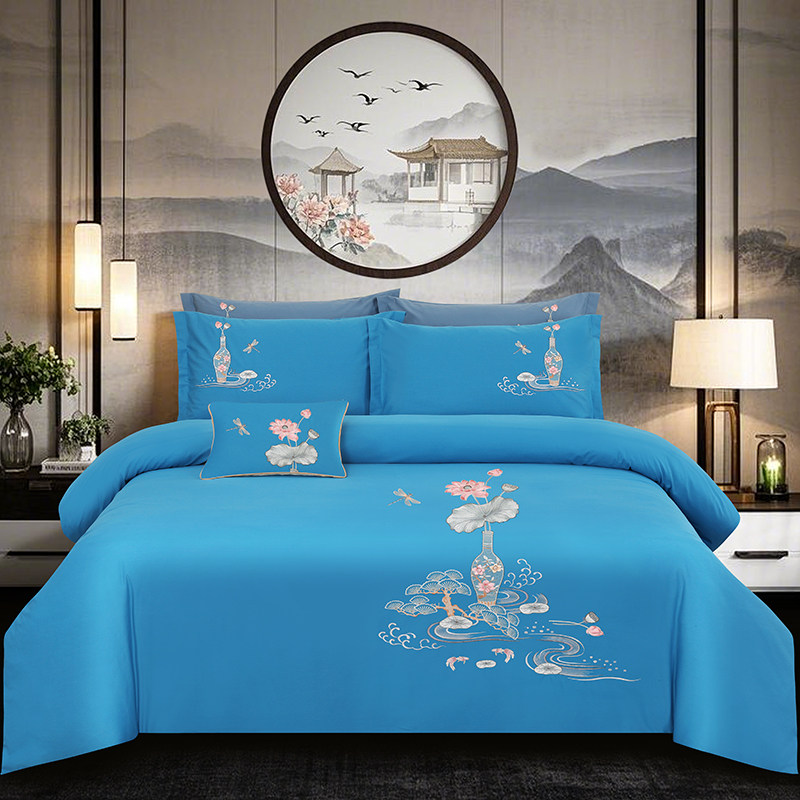 四季款全棉纯棉高端绣花四件套中式刺绣被套床单花卉古典风套件