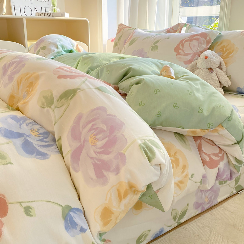 全棉斜纹喷气四件套纯棉碎花田园风被套床单枕套清新舒适床品套件