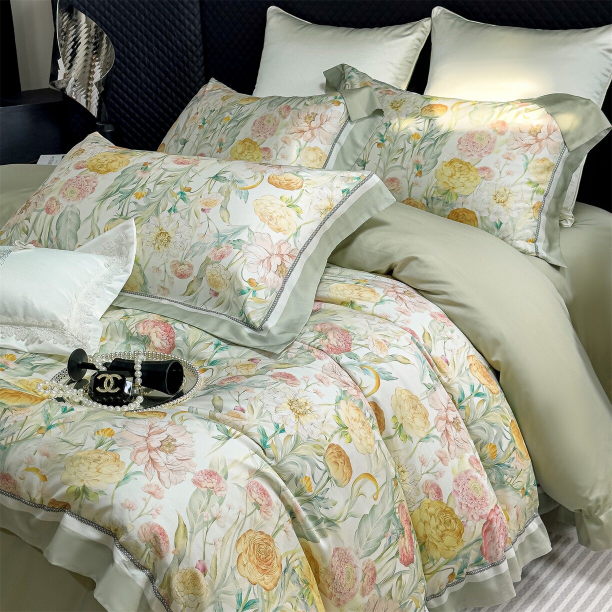 天丝棉数码印花四件套花卉印花莱赛尔加棉轻奢贡缎床品套件家居