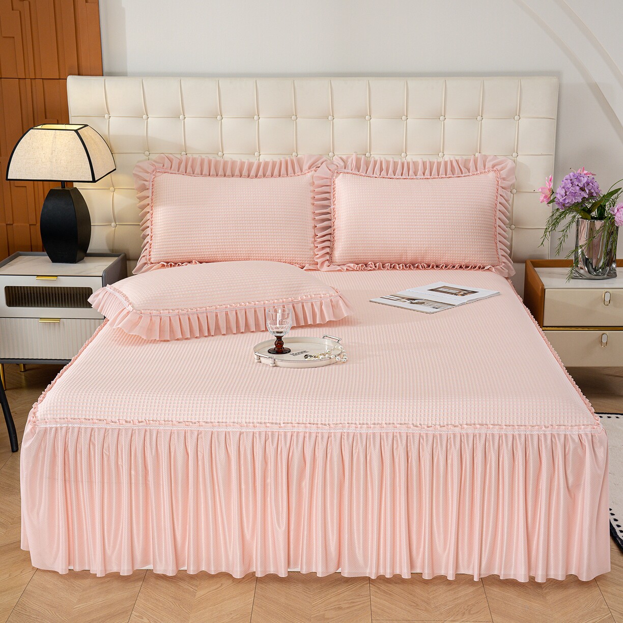 3D凉感冰豆豆软席床裙款凉席三件套PE乙纶凉感夏季冰丝荷叶边防滑