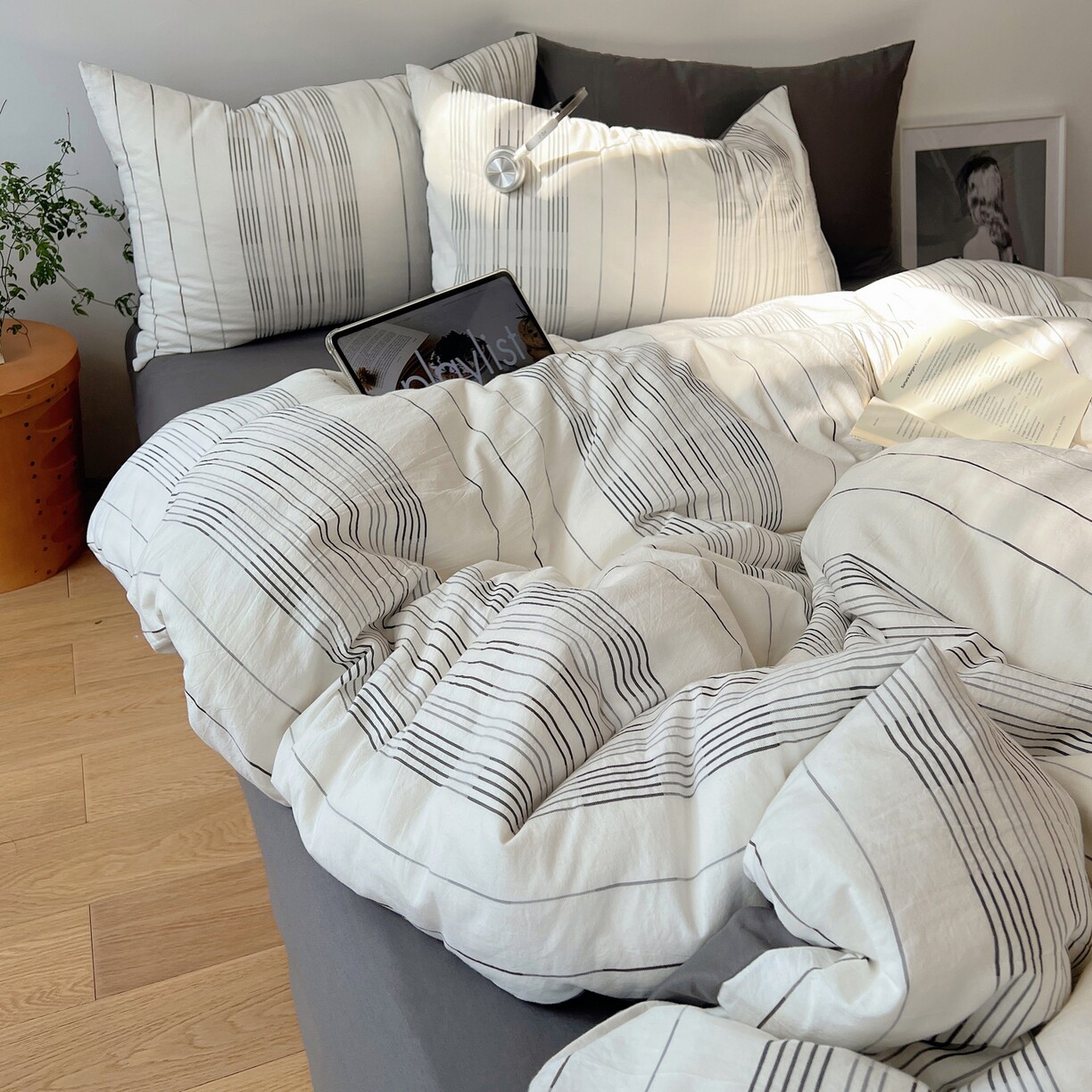 全棉色织小提花四件套简约条纹纯棉床品套件被套床单枕套北欧风