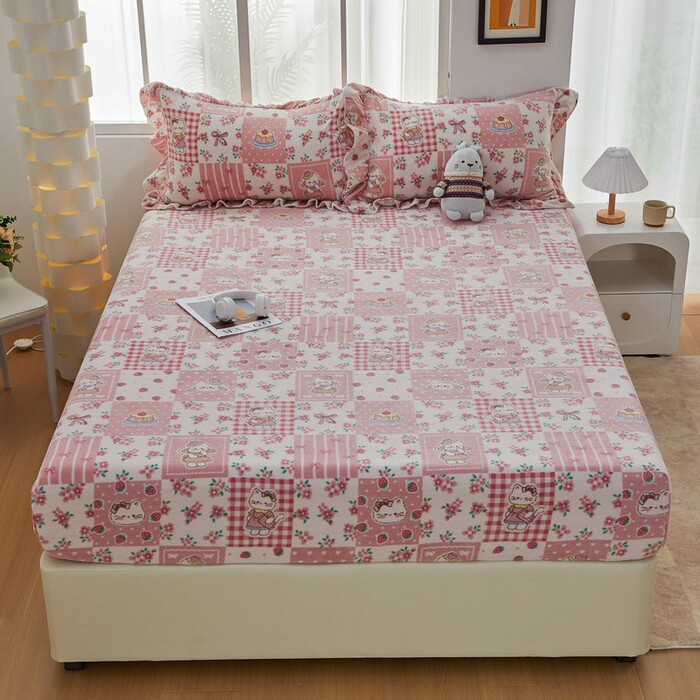高克重牛奶绒印花床笠三件套卡通印花全包床垫保护套碎花单双人