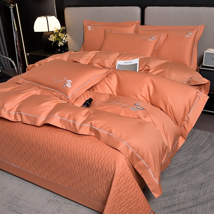 全棉活性喷气简约轻奢刺绣夹棉床盖款四件套高端纯棉床品套件卧室