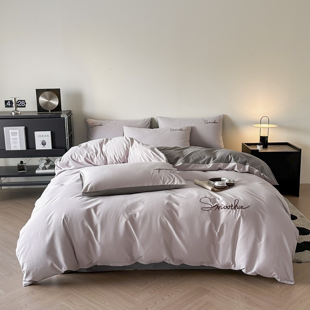 全棉纯棉刺绣双拼水洗四件套简约纯色亲肤床上用品字母高端素雅