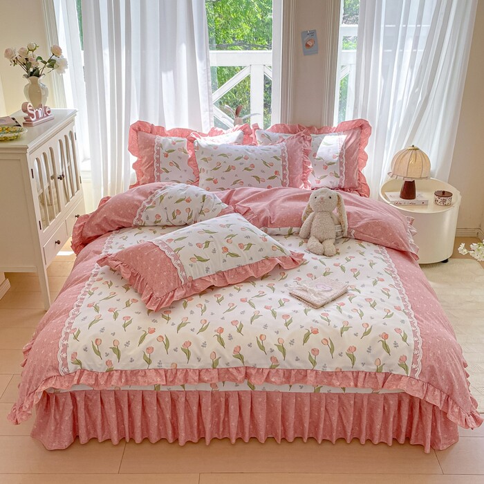 A类母婴级有氧床裙四件套全花边床单被套四季通用小碎花床品