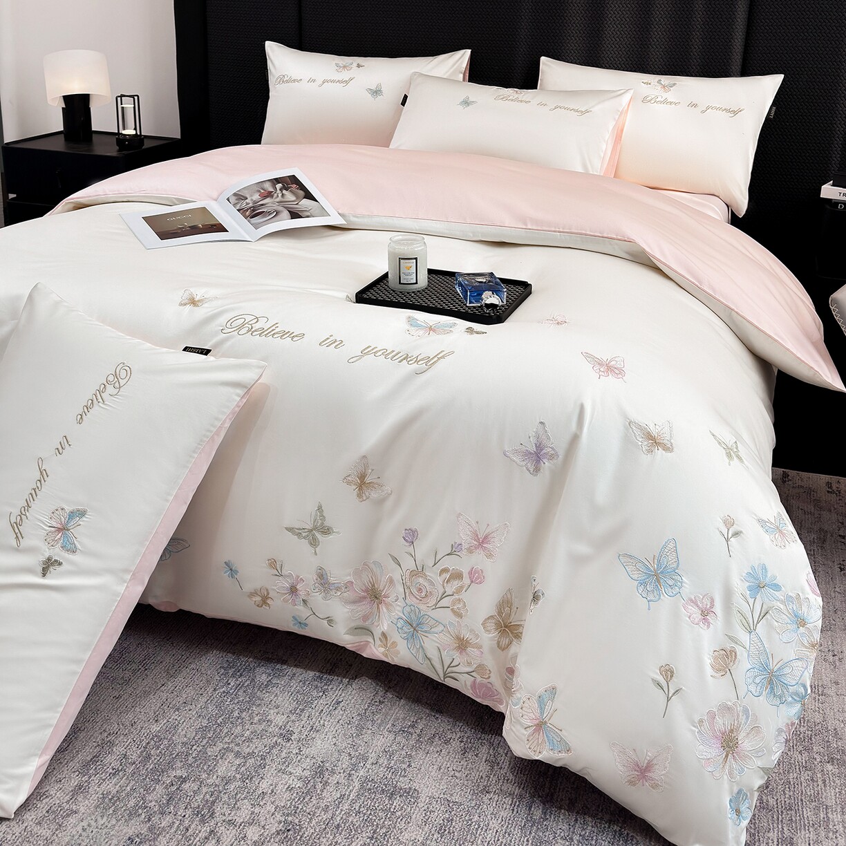 100支纯棉全棉贡缎长绒棉刺绣绣花四件套高端礼盒100%套件高档