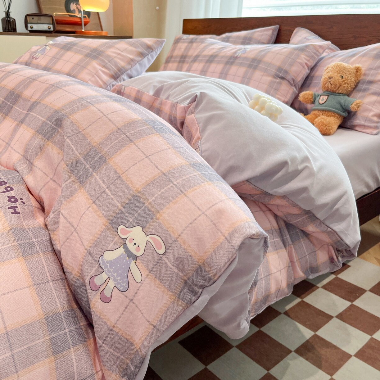 寒念新品美拉德卡通全棉纯棉磨毛四件套格子床品套件床上用品斜纹