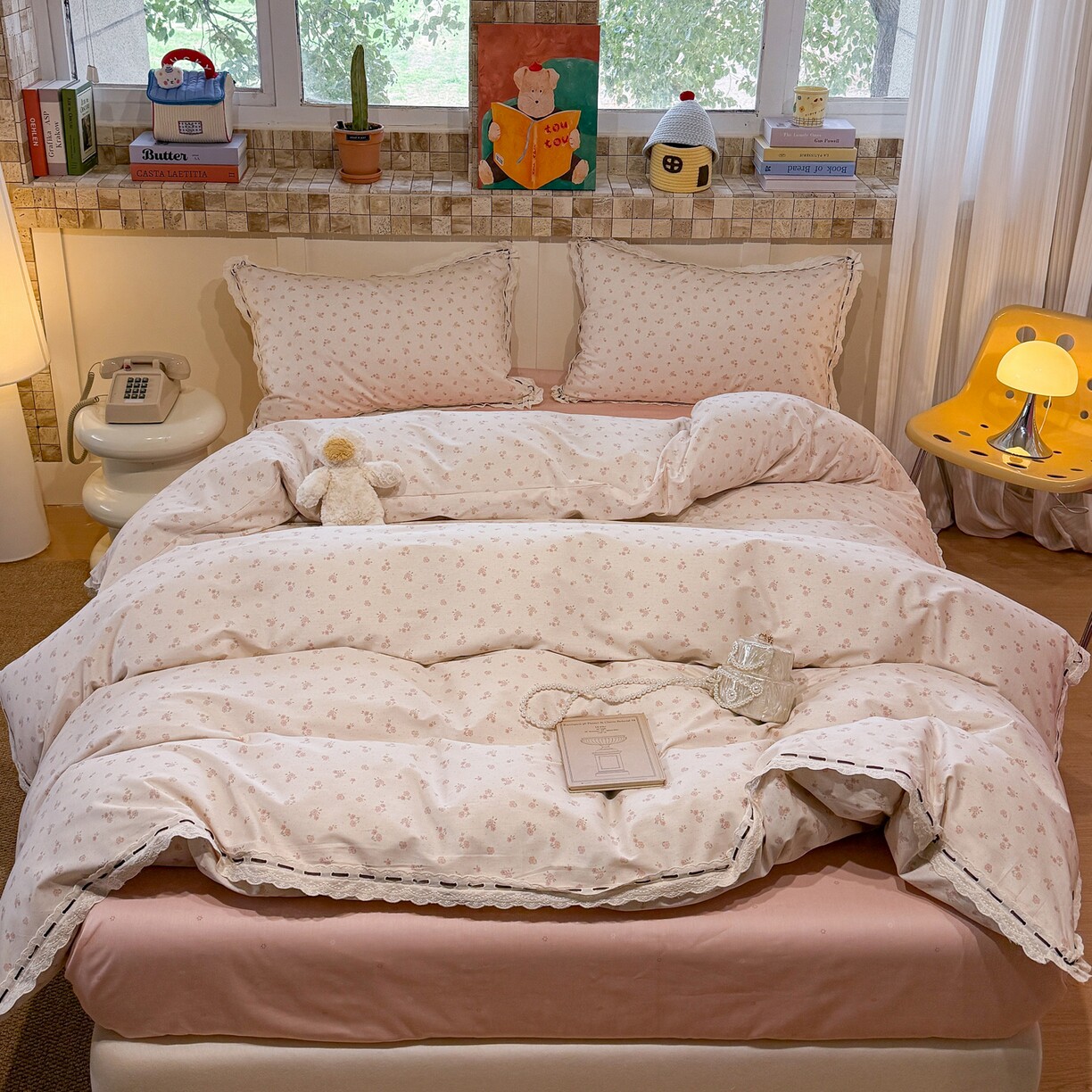 全棉纯棉法式小清新复古碎花四件套甜美碎花水洗蕾丝花边被套床单