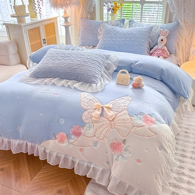 A类加厚牛奶绒花边床盖款四件套