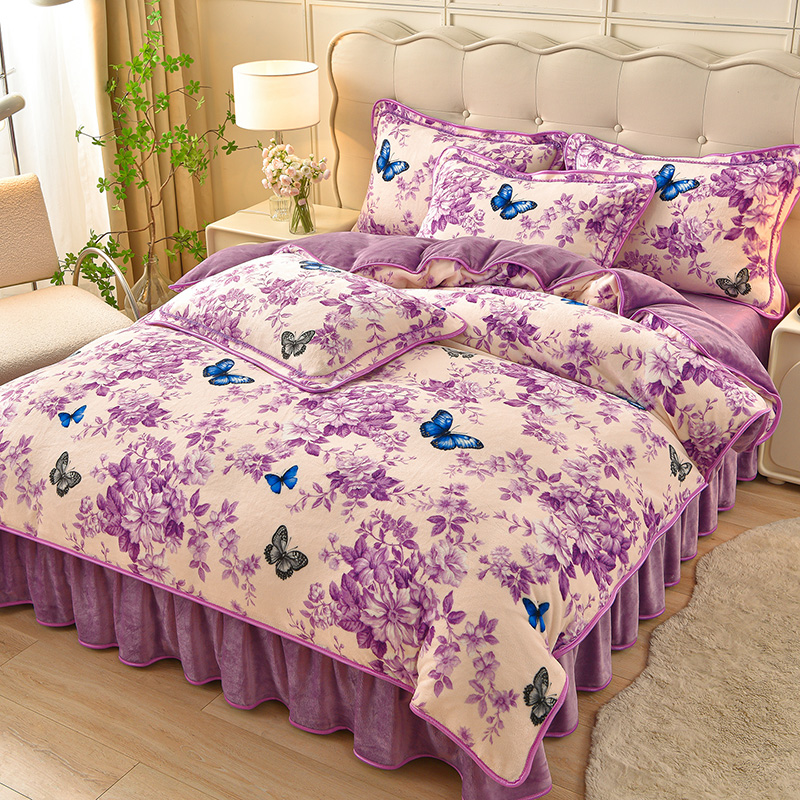 A类加厚牛奶绒四件套双面绒被套床裙款高克重细腻秋冬季保暖冬天