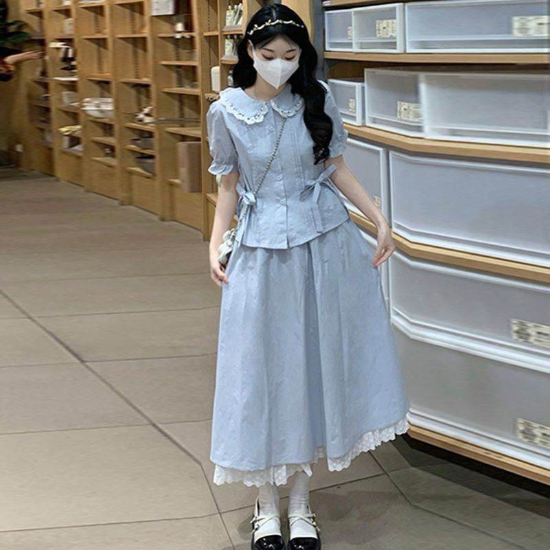 2026新款减龄少女蝴蝶系带衬衫夏季森系复古学院风半身裙两件套