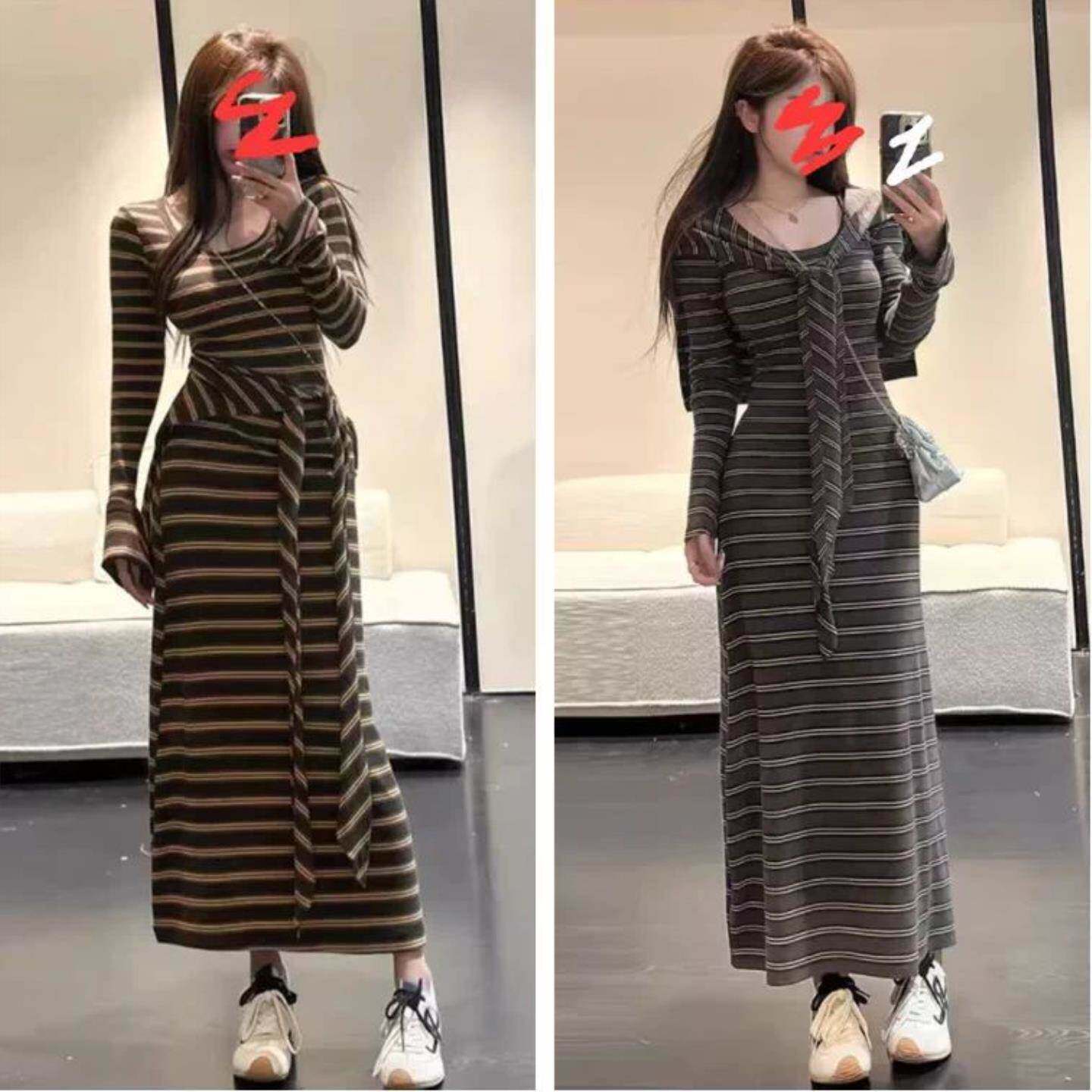 大码纯欲轻熟风长袖条纹披肩连衣裙女春夏胖MM辣妹收腰显瘦长裙子