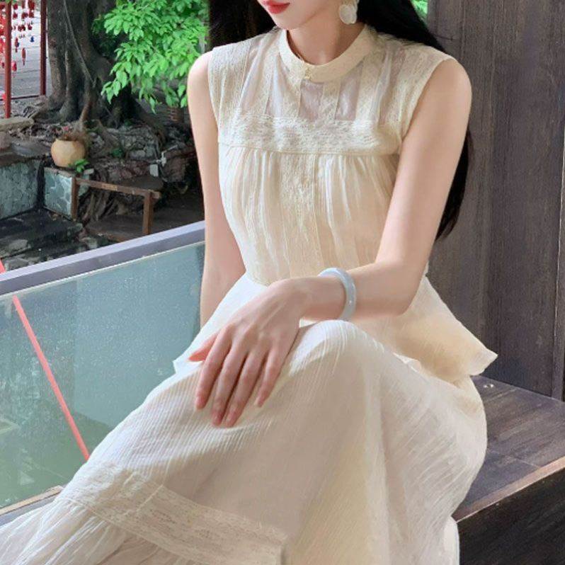 2026年夏季新款法式气质蕾丝拼接无袖上衣高腰大摆半身裙显瘦套装