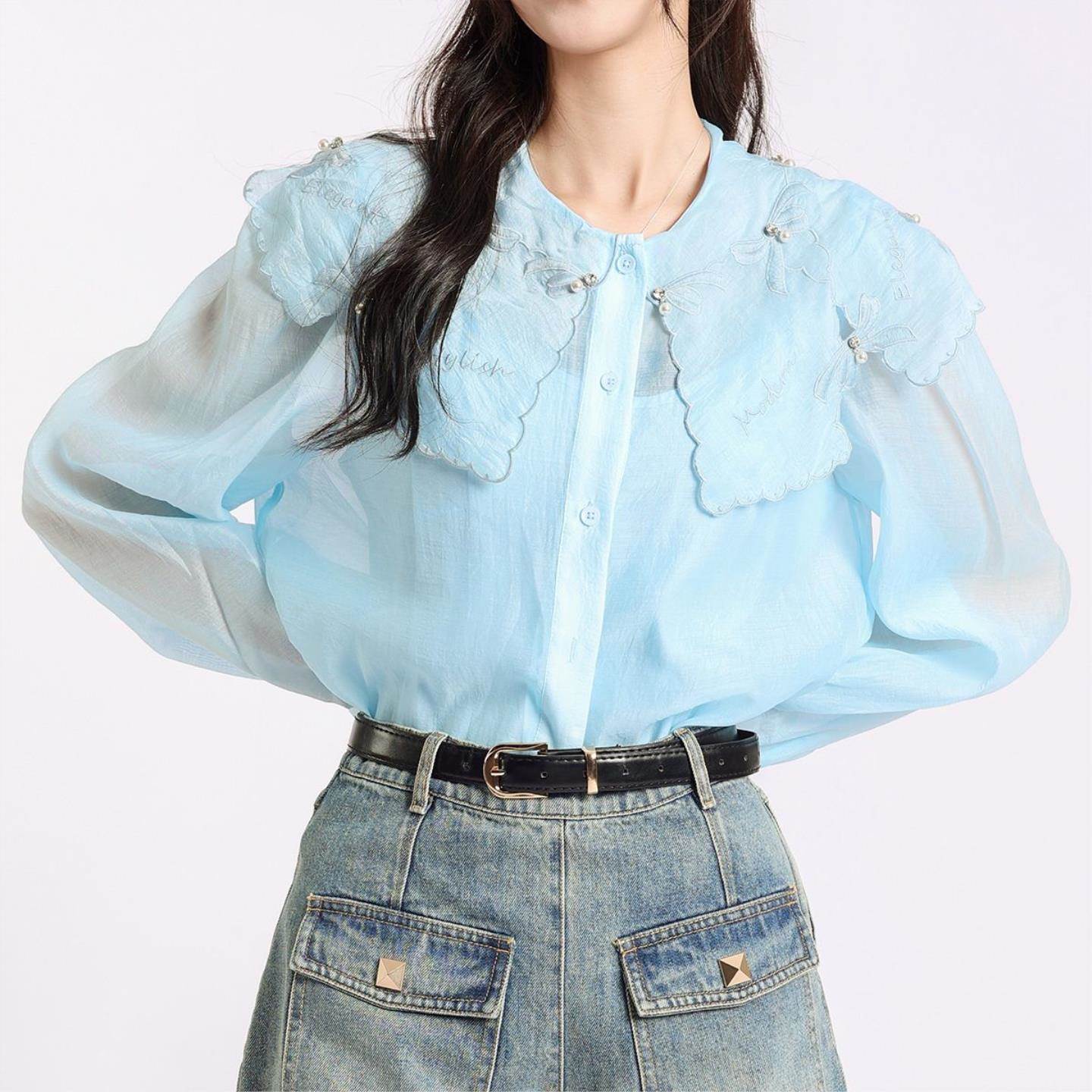 重工衬衣甜美订珠2026新款显瘦衬衫上衣长袖名媛女装