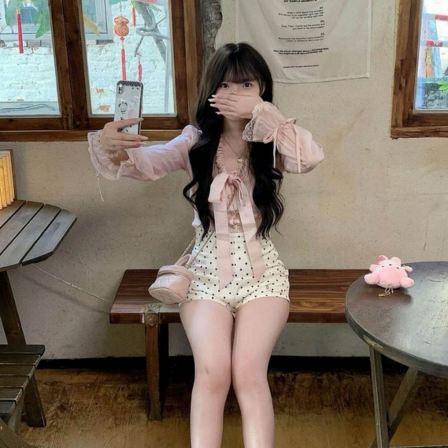 粉色V领系带蝴蝶结蕾丝衬衫女春春季小个子独特绝美长袖小衫上衣