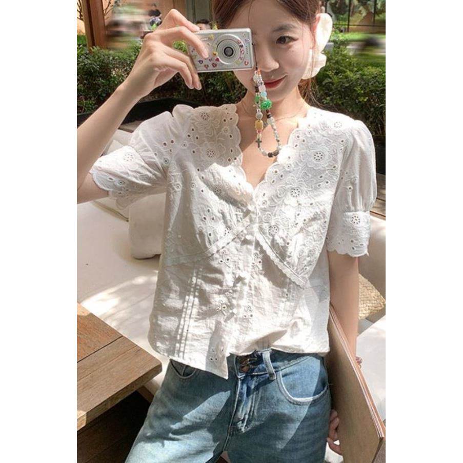 夏季新款清新白色韩系V领花边修身显瘦蕾丝镂空衬衫短袖上衣女