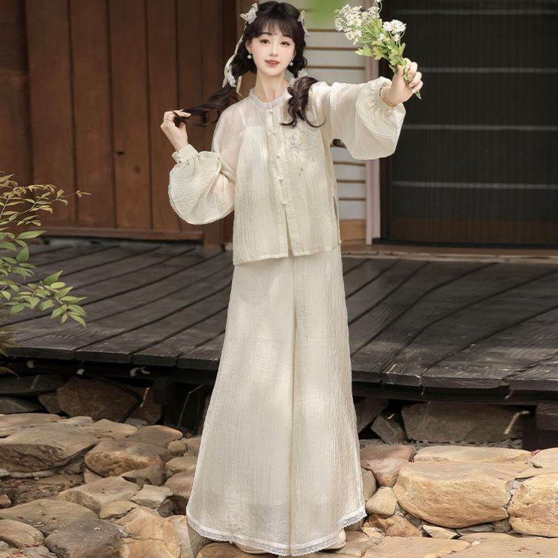 新款汉服女宽松天丝刺绣上衣裙裤日常中式套装春夏款