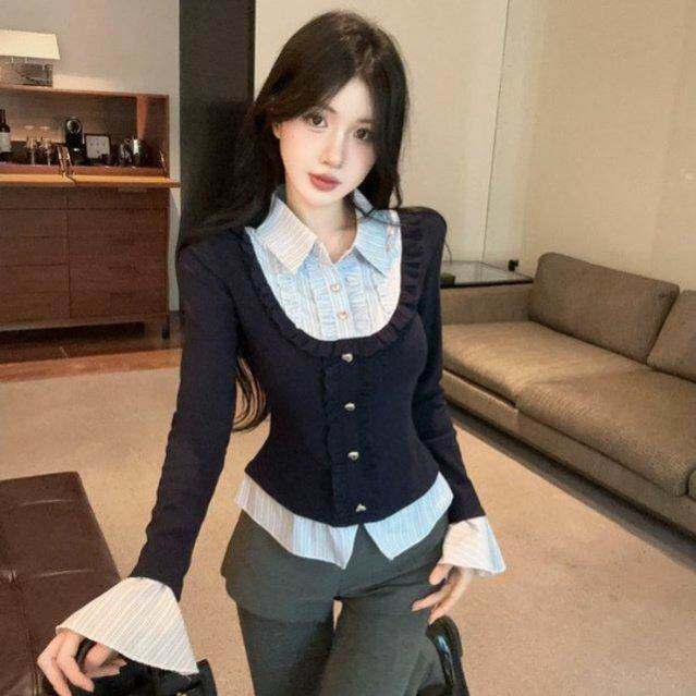 法式假两件女春夏巨好看衬衫女春夏娃娃领上衣打底衫内搭条纹上衣