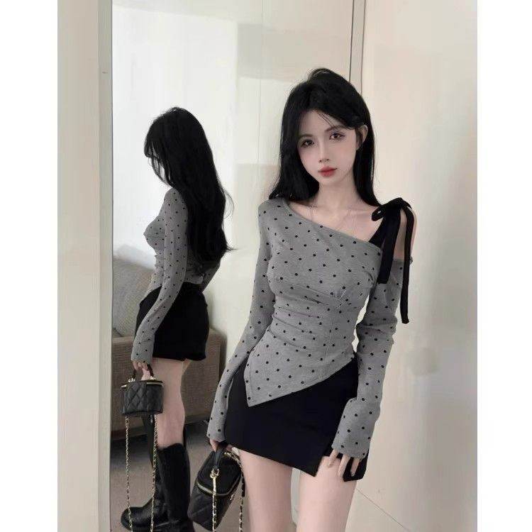 韩系春秋纯欲减龄绑带蝴蝶结吊带上衣女设计感波点不规则长袖T恤