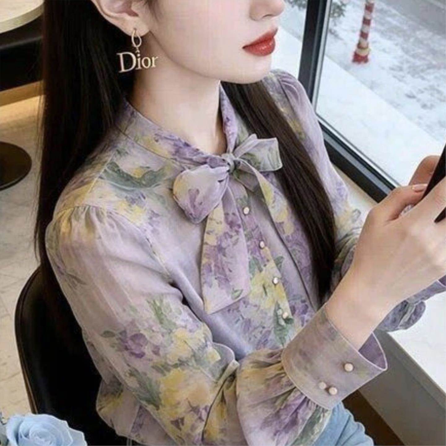 紫色印花长袖衬衣设计高级衬衫2026蝴蝶结秋季新款碎花上衣女