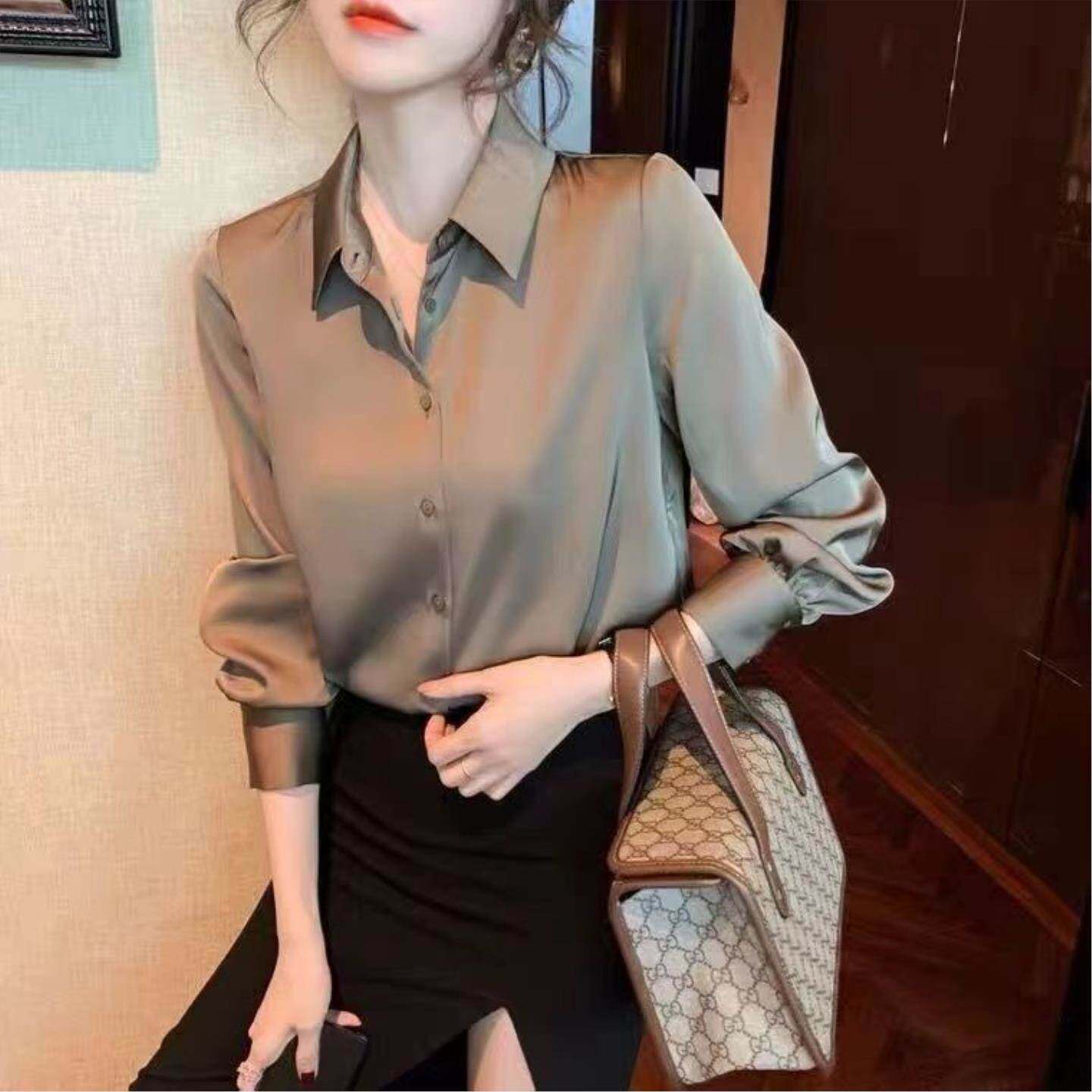 春夏缎面衬衫女长袖防晒外穿显瘦职业装设计小众宽松衬衣