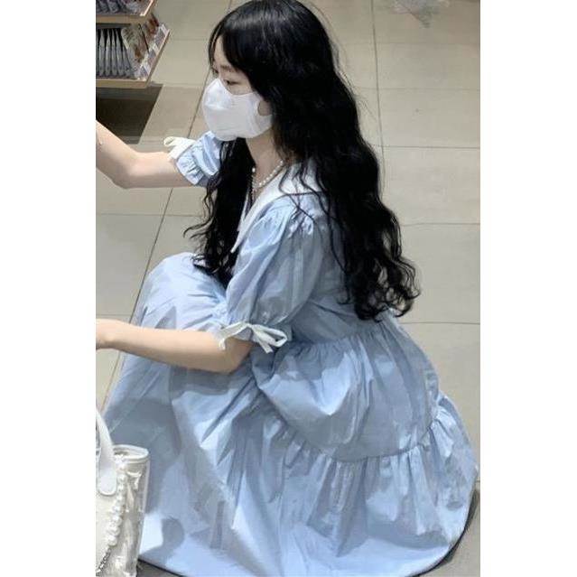 浅蓝色娃娃领连衣裙夏装女大童收腰超仙甜美长裙子