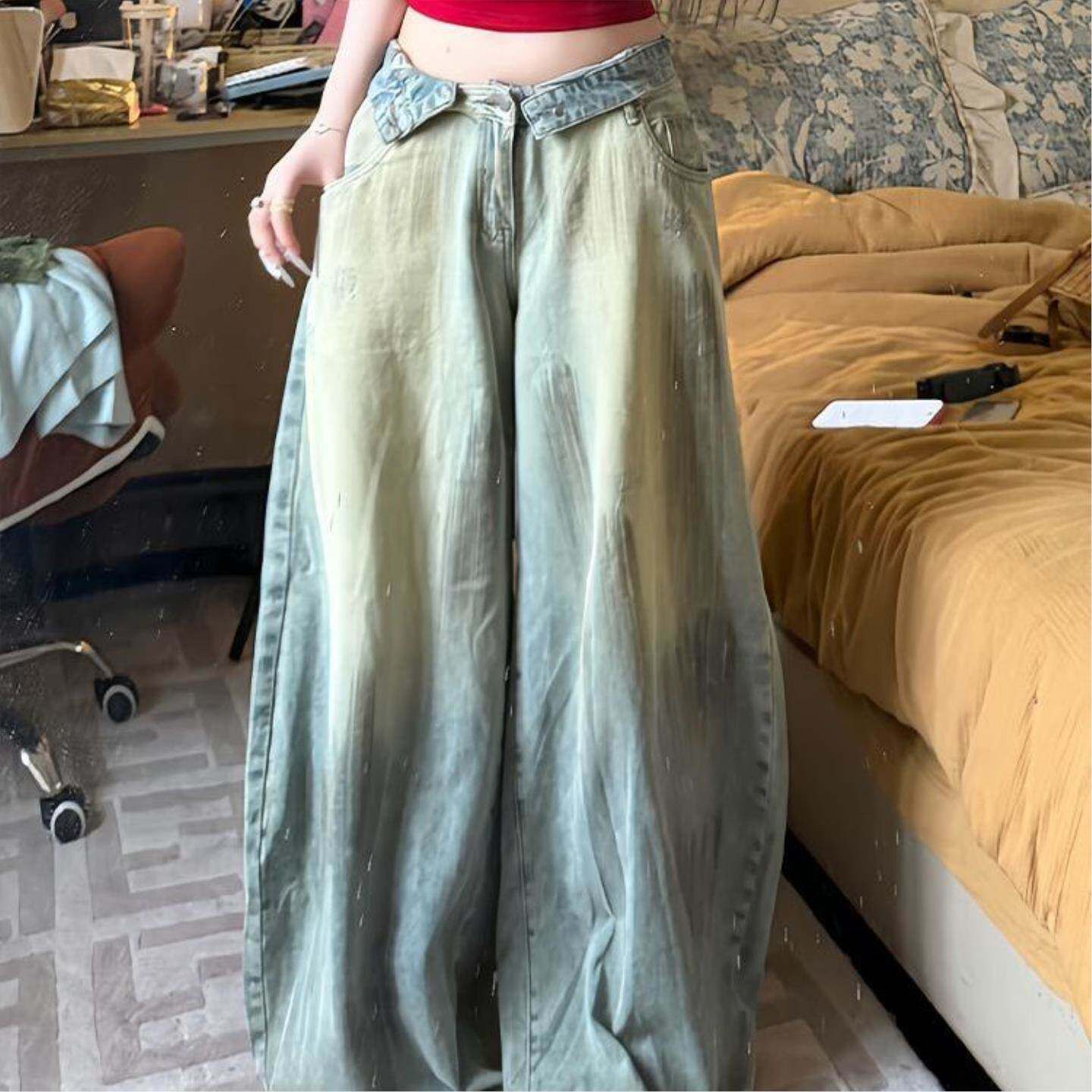 美式辣妹设计感翻折腰头牛仔裤子女夏季薄款复古做旧脏染拖地长裤