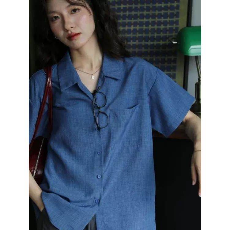 复古风蓝色短袖衬衫女翻领宽松港风小众设计显白防晒上衣