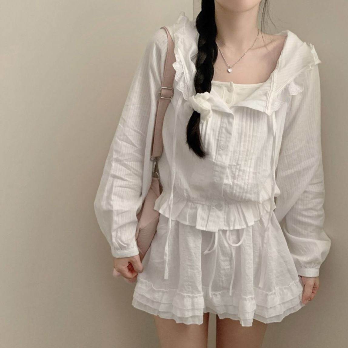 时尚潮流个性穿搭chic连帽收腰上衣春夏季新款长袖白色休闲衬衫女