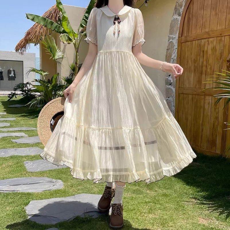 少女连衣裙夏季新款小清新初中高中学生娃娃领学院风显瘦收腰长裙