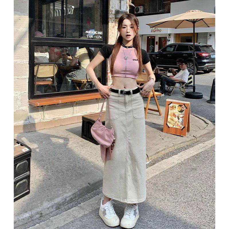 设计感高腰开叉牛仔半身裙女新款浅色韩版中长款包臀裙